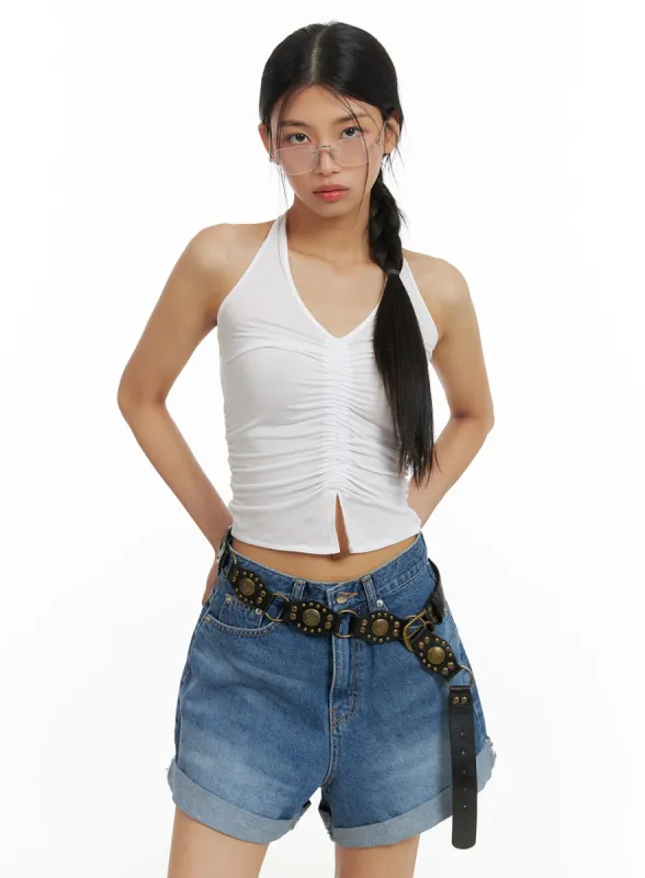 Halter Shirred Crop Sleeveless Top CA423 sold by Lewkin