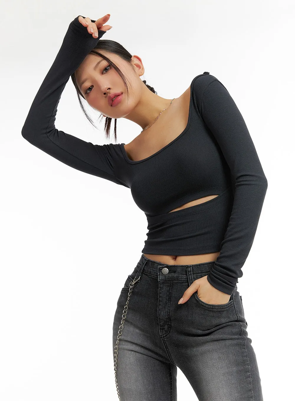 Square Neck Cut Out Crop Top IM405 sold by Lewkin