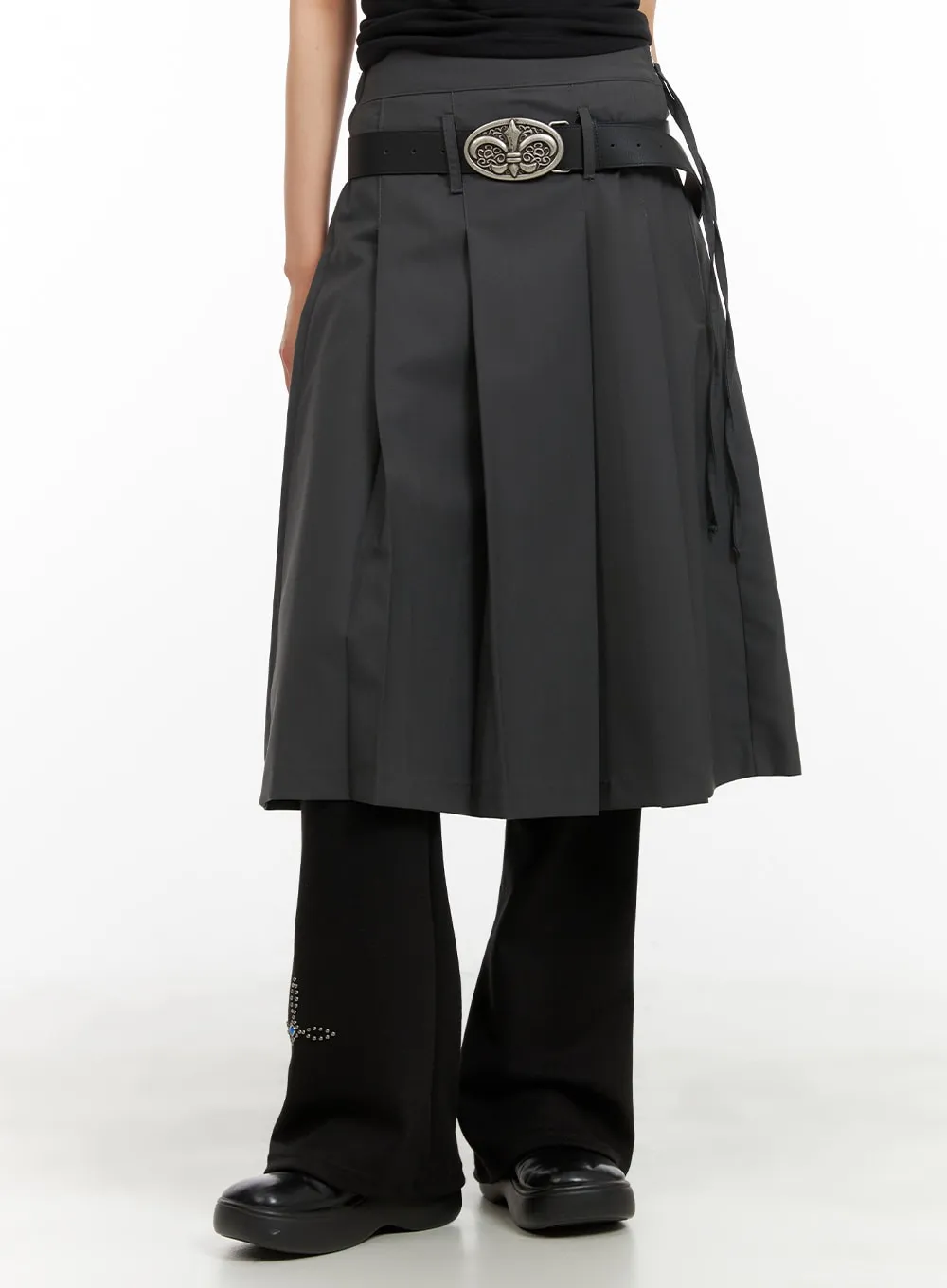 Solid Strap Pleated Midi Skirt CA418 sold by Lewkin