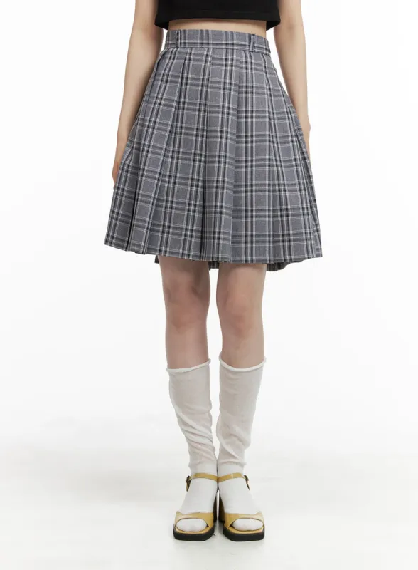 Checkered Pleated Midi Skirt OM421 sold by Lewkin