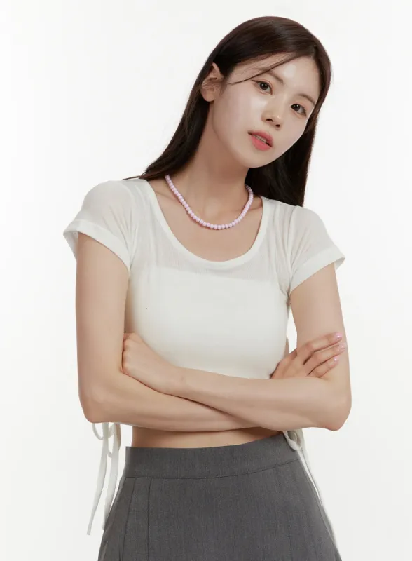 Side Ribbon See-Through Crop Tee OY409 sold by Lewkin
