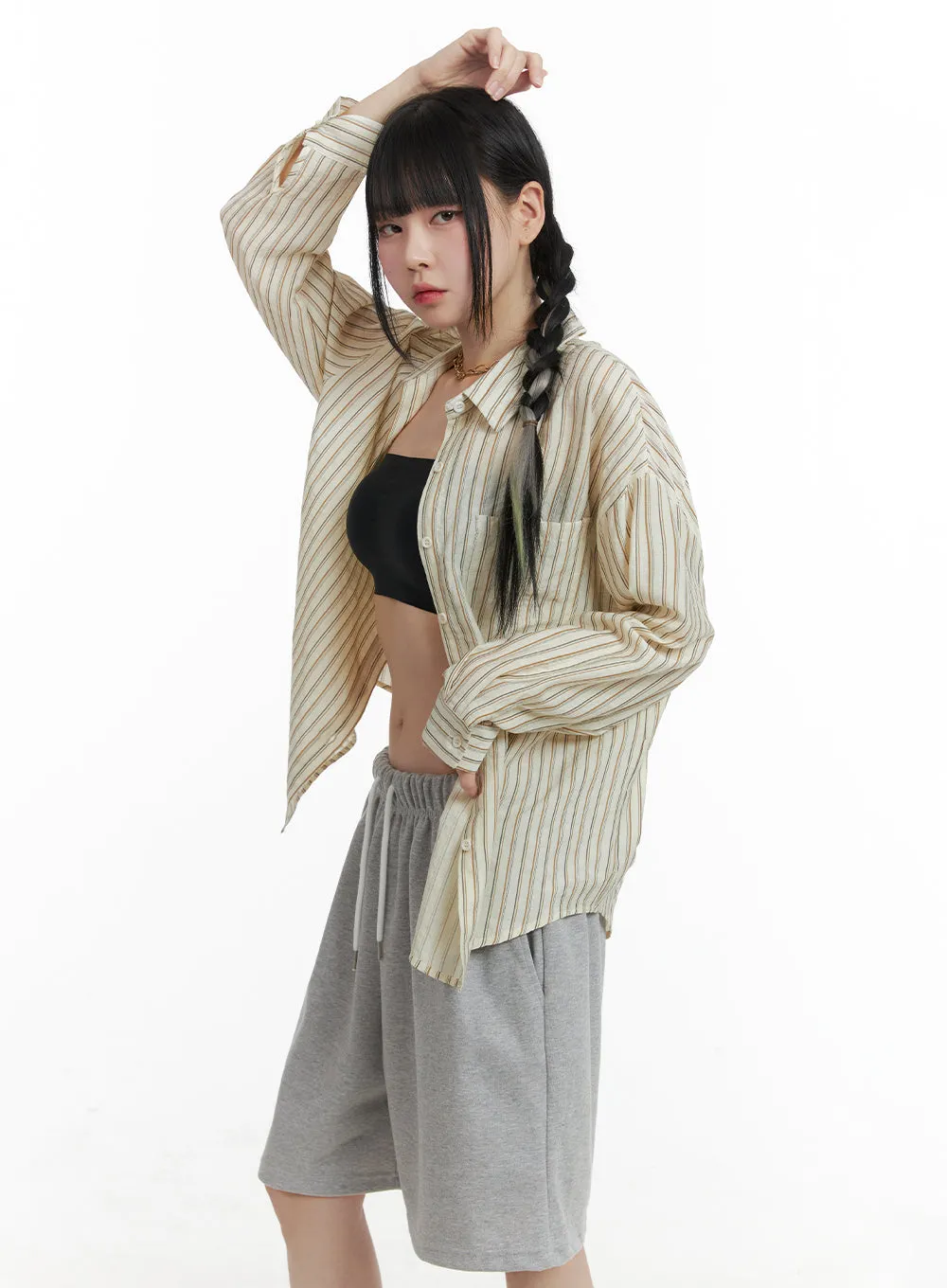 Cotton Stripe Pocketed Button-Up Shirt OM426 sold by Lewkin product image thumbnail 3