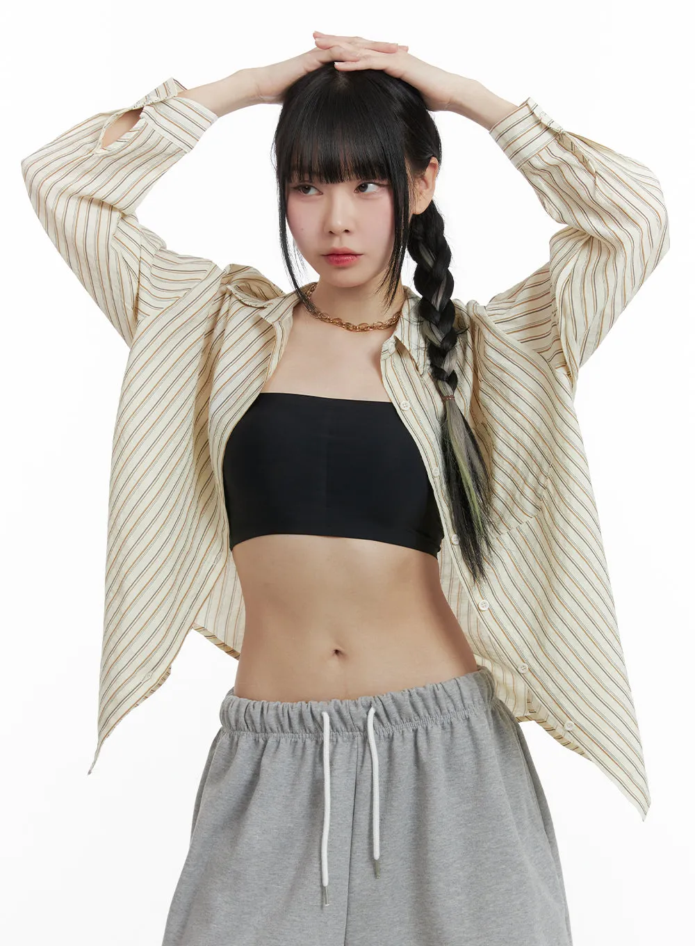 Cotton Stripe Pocketed Button-Up Shirt OM426 sold by Lewkin