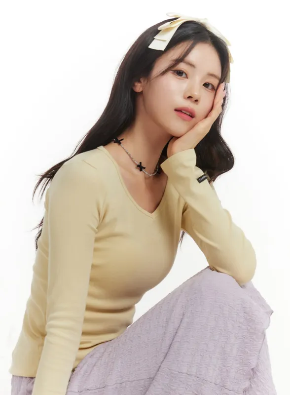 V-Neck Slit Long Sleeve Top OM404 sold by Lewkin