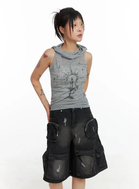 Graphic Hooded Crop Top CL415 sold by Lewkin