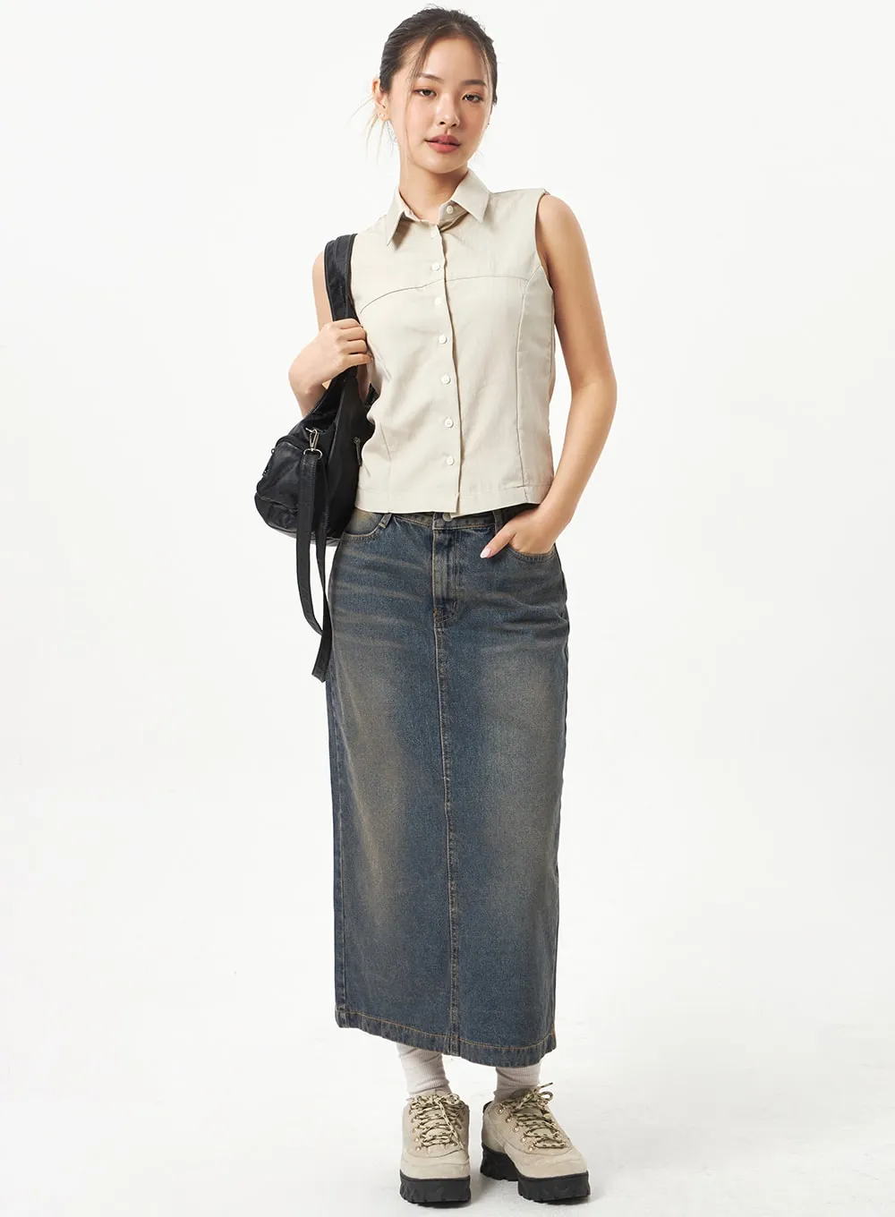 Back Slit Denim Maxi Skirt CD23 sold by Lewkin
