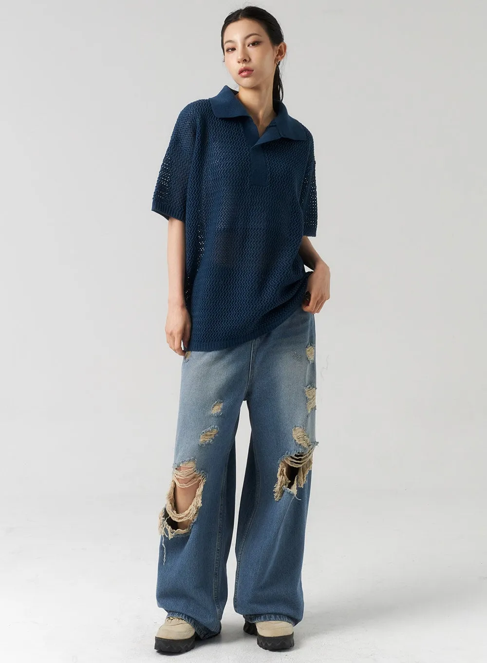 Mid-Wash Ripped Jeans Unisex CU319 sold by Lewkin