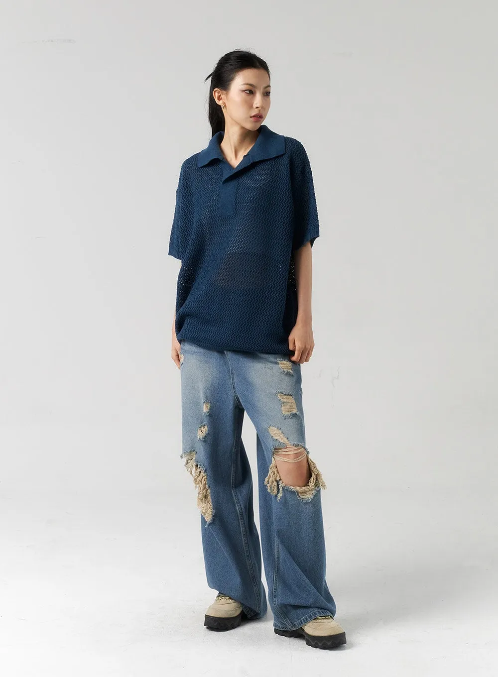 Mid-Wash Ripped Jeans Unisex CU319 sold by Lewkin product image thumbnail 4