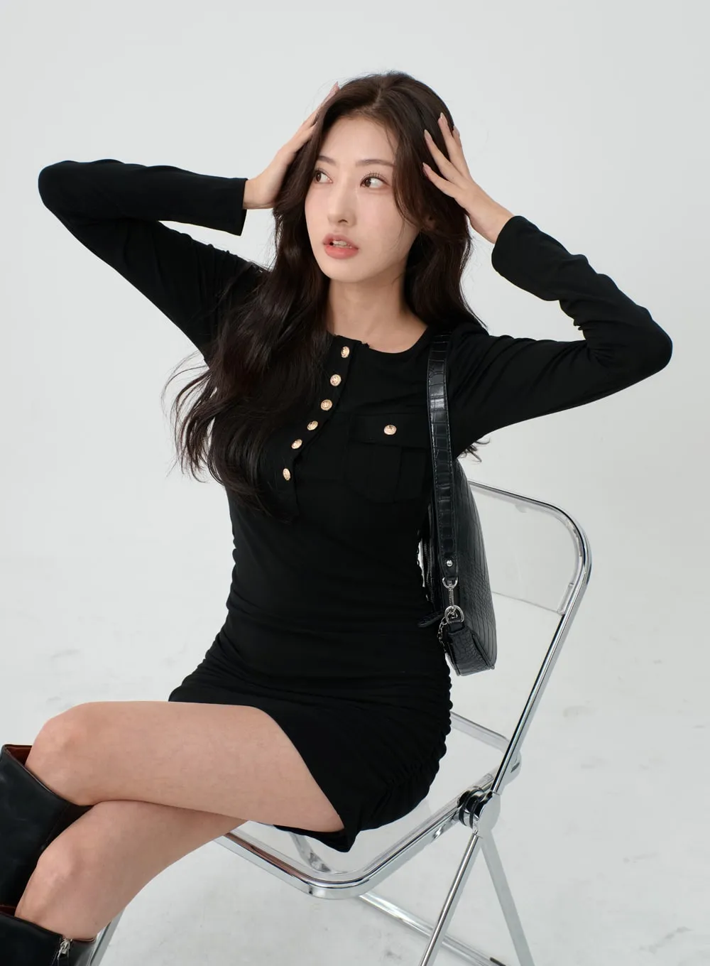 Gold Button Square Neck Mini Dress IO07 sold by Lewkin product image thumbnail 3