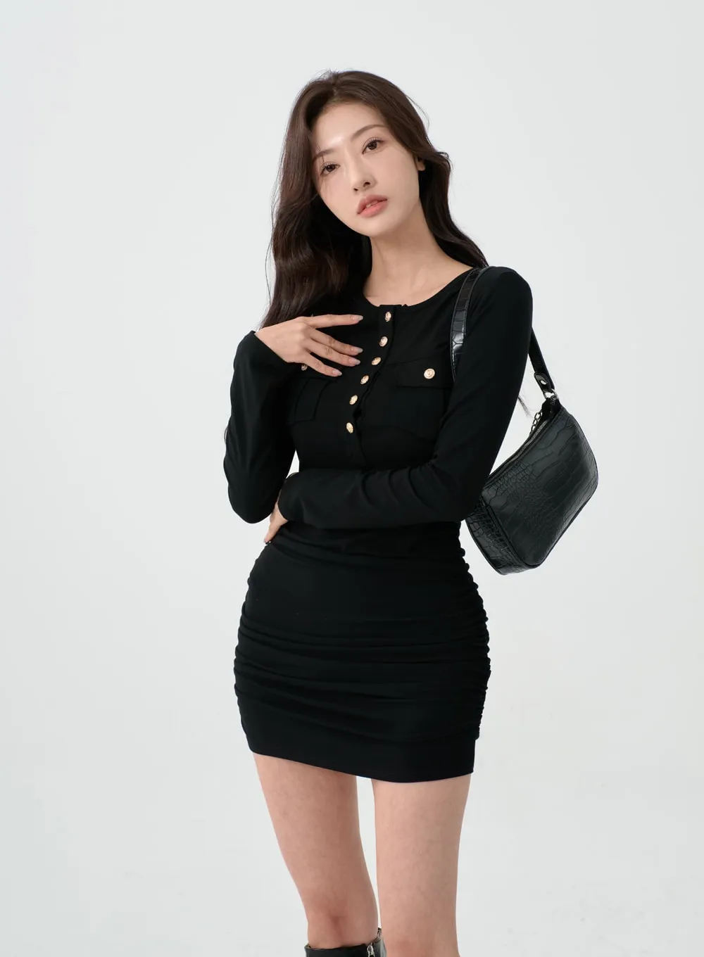 Gold Button Square Neck Mini Dress IO07 sold by Lewkin product image thumbnail 5