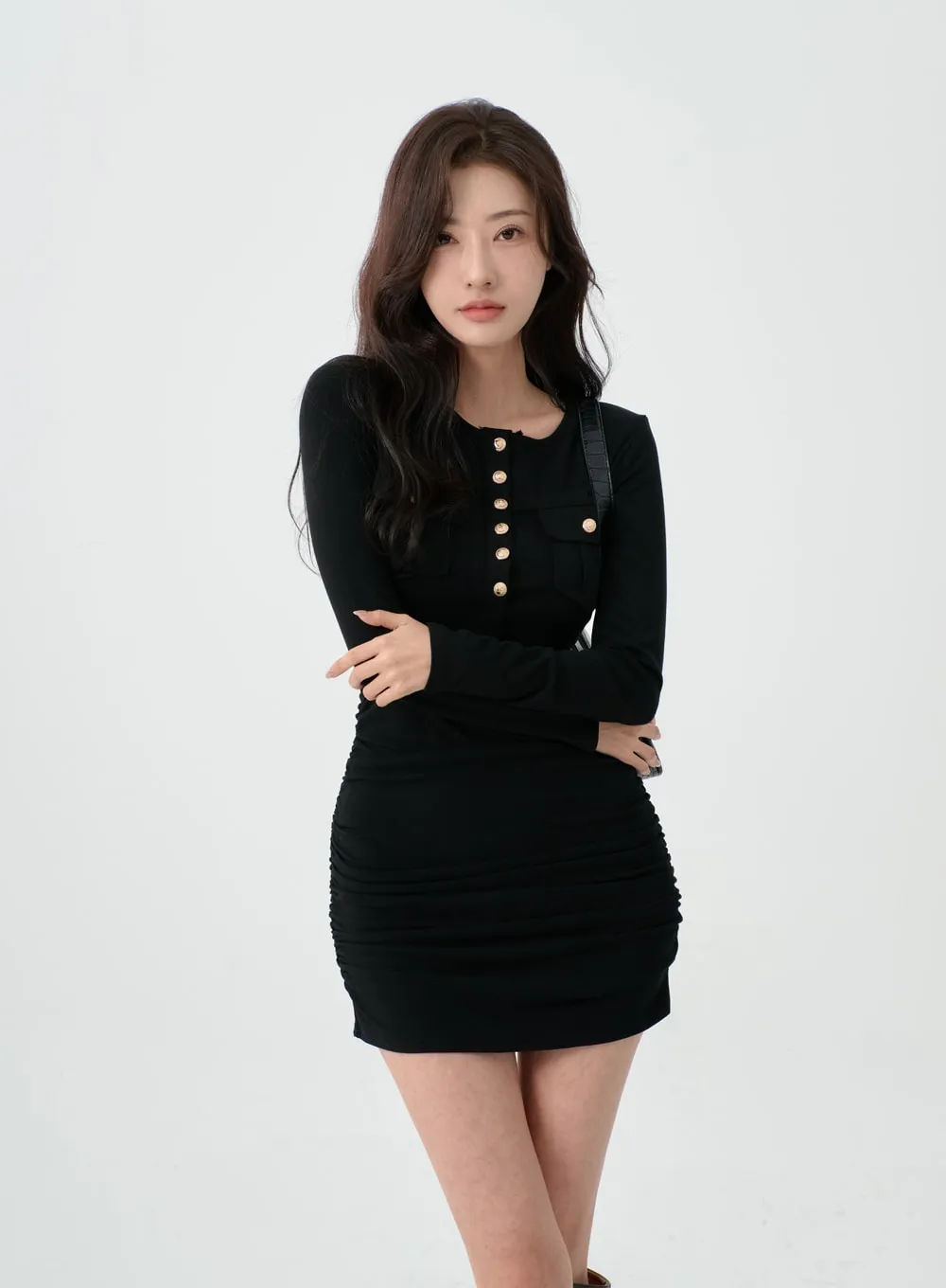 Gold Button Square Neck Mini Dress IO07 sold by Lewkin product image thumbnail 4