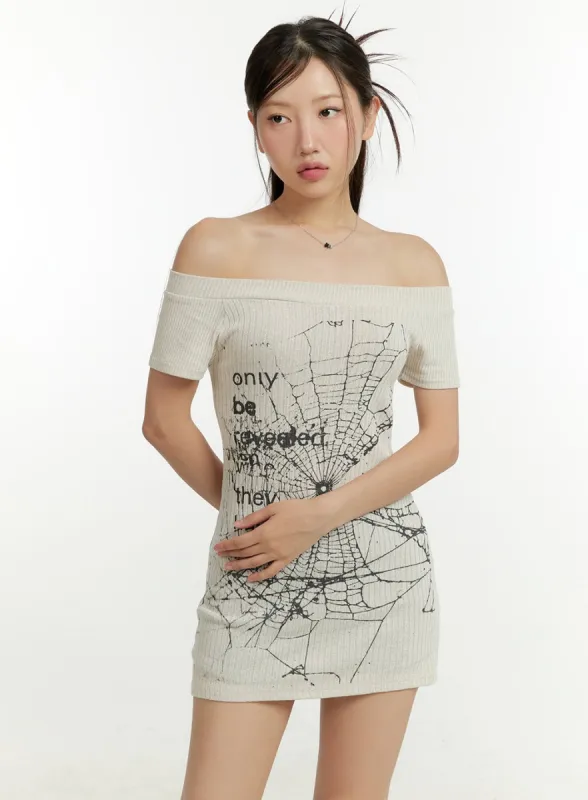 Graphic Off Shoulder Mini Dress CU426 sold by Lewkin