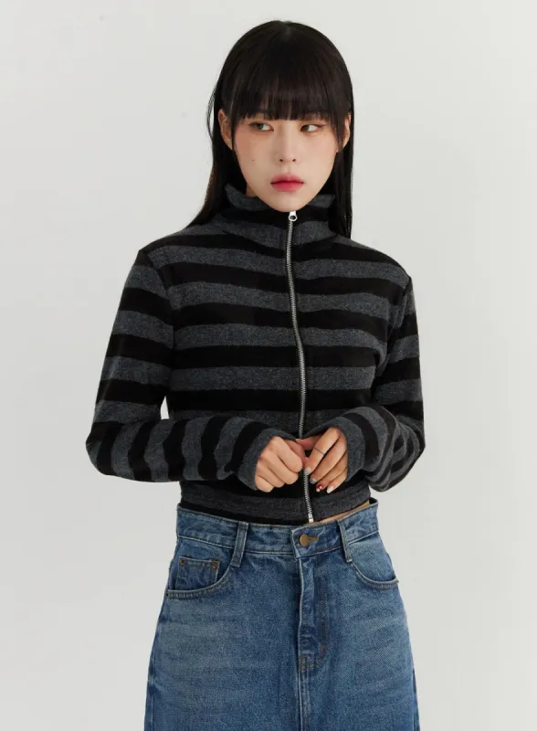 Stripe Zip-Up Turtleneck Knit Top CO319 sold by Lewkin