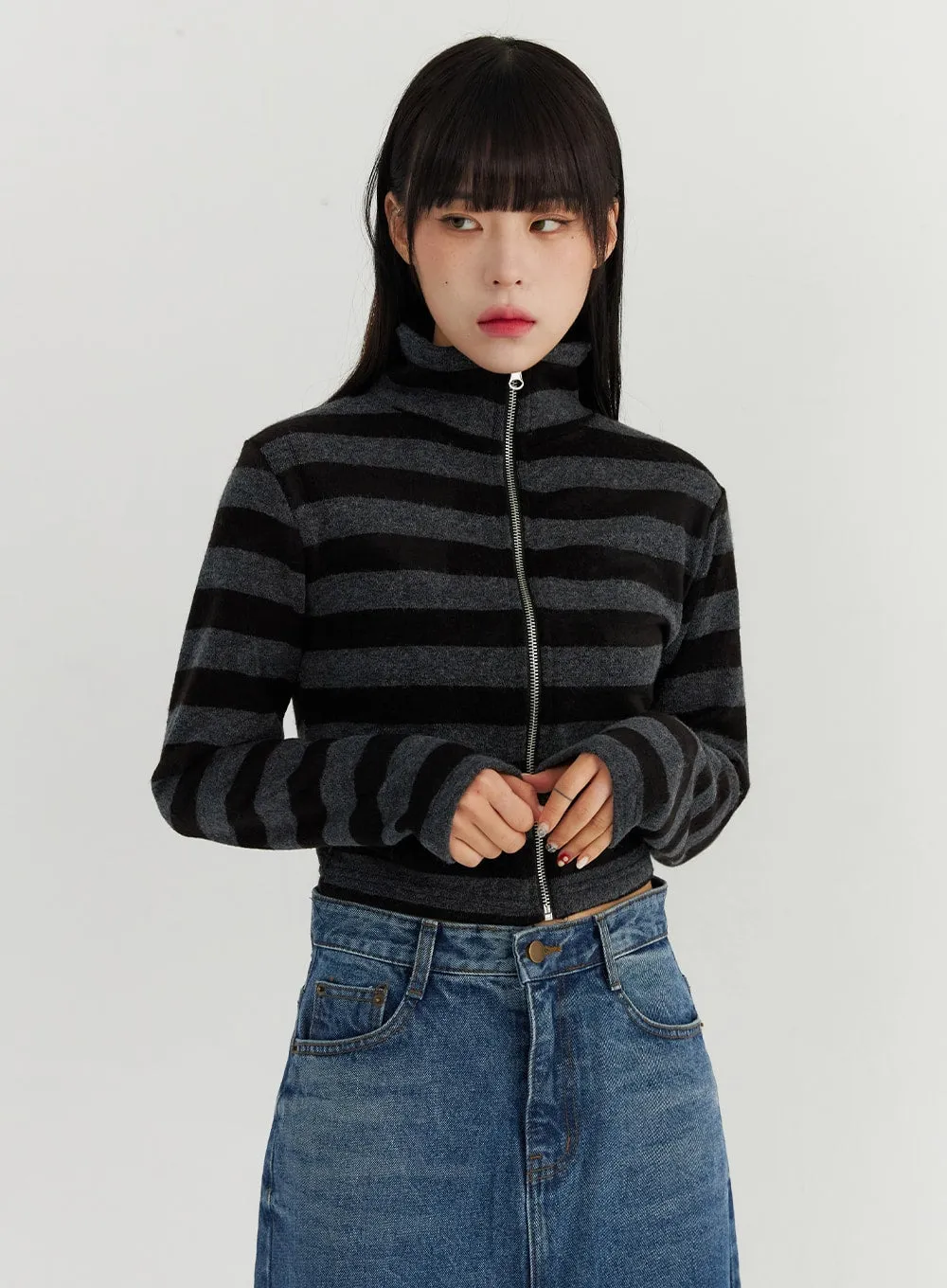 Stripe Zip-Up Turtleneck Knit Top CO319 sold by Lewkin