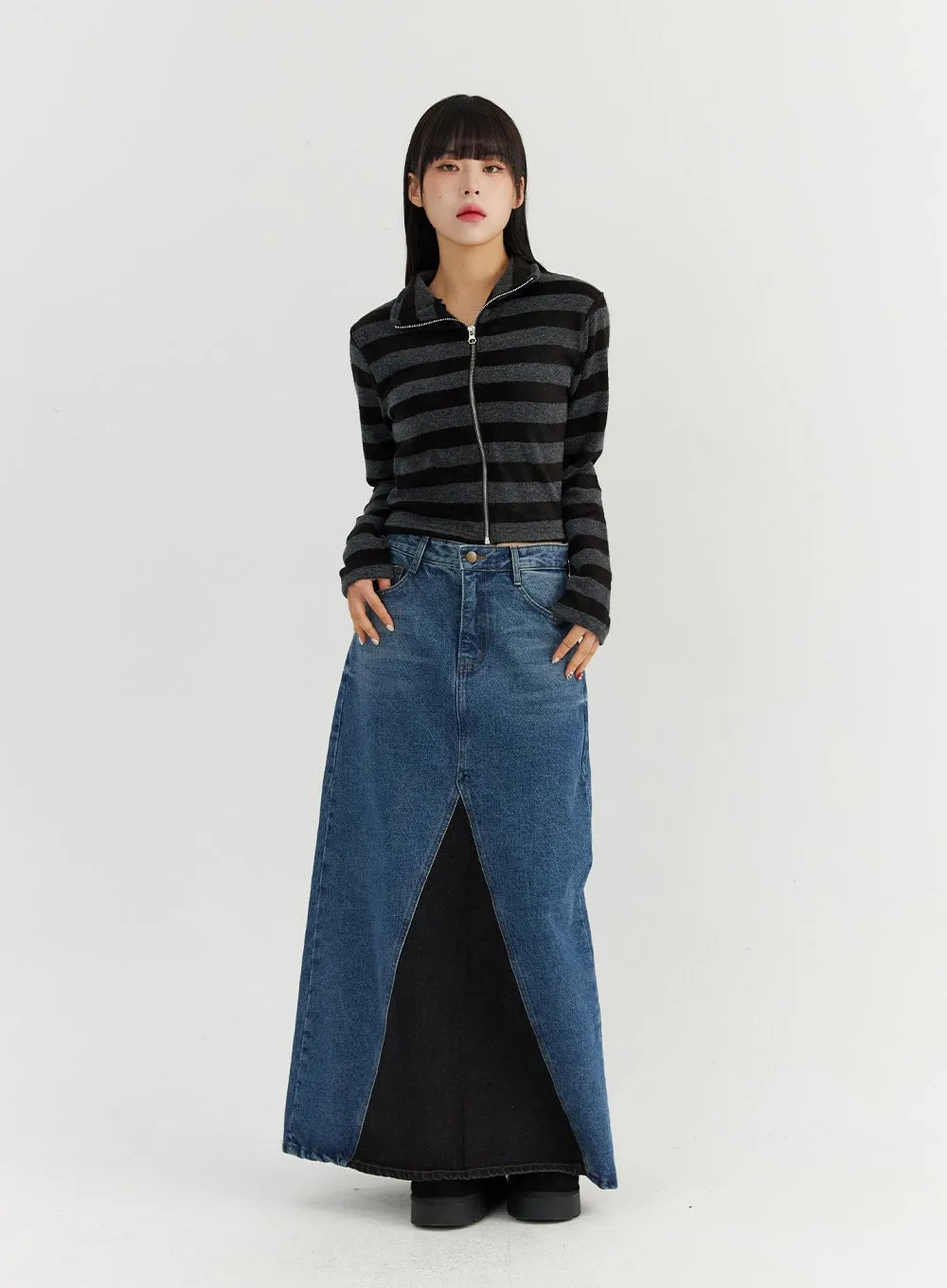 Stripe Zip-Up Turtleneck Knit Top CO319 sold by Lewkin product image thumbnail 2