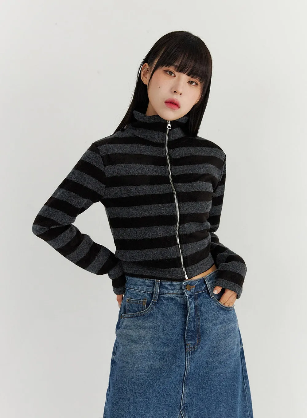 Stripe Zip-Up Turtleneck Knit Top CO319 sold by Lewkin product image thumbnail 4