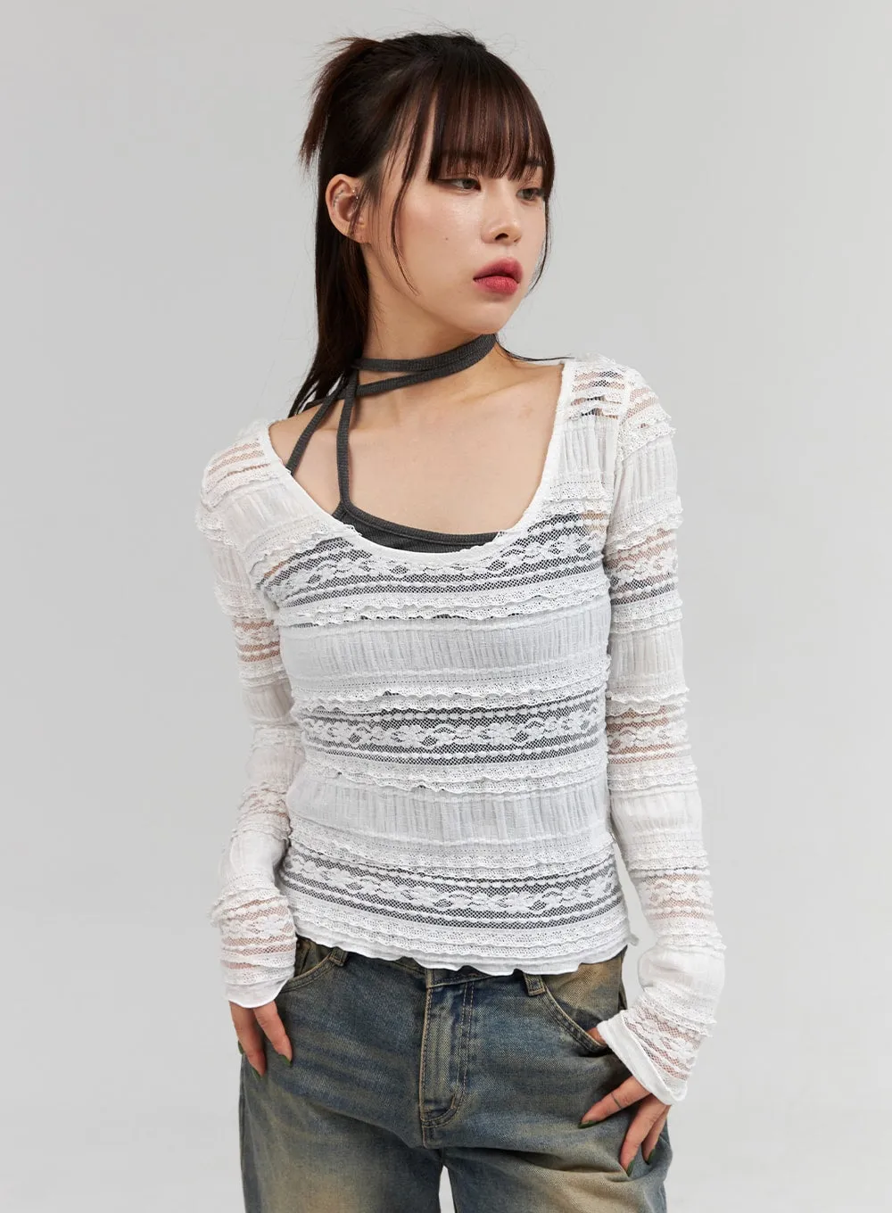 Lace Cotton Long Sleeve Top CG331 sold by Lewkin