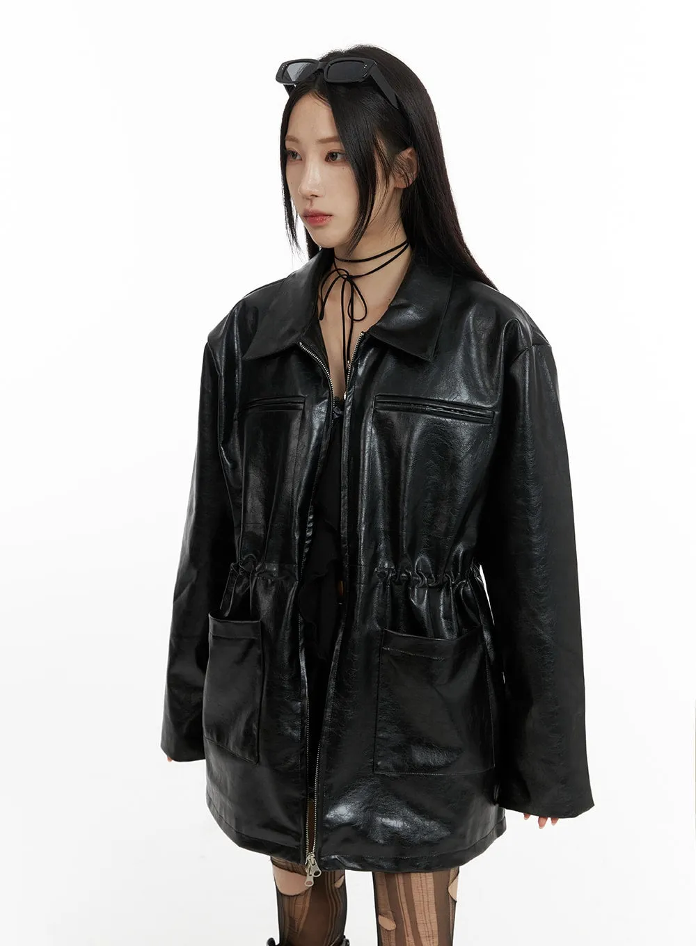 Zip-Up Faux Leather Midi Coat CF429 sold by Lewkin product image thumbnail 3