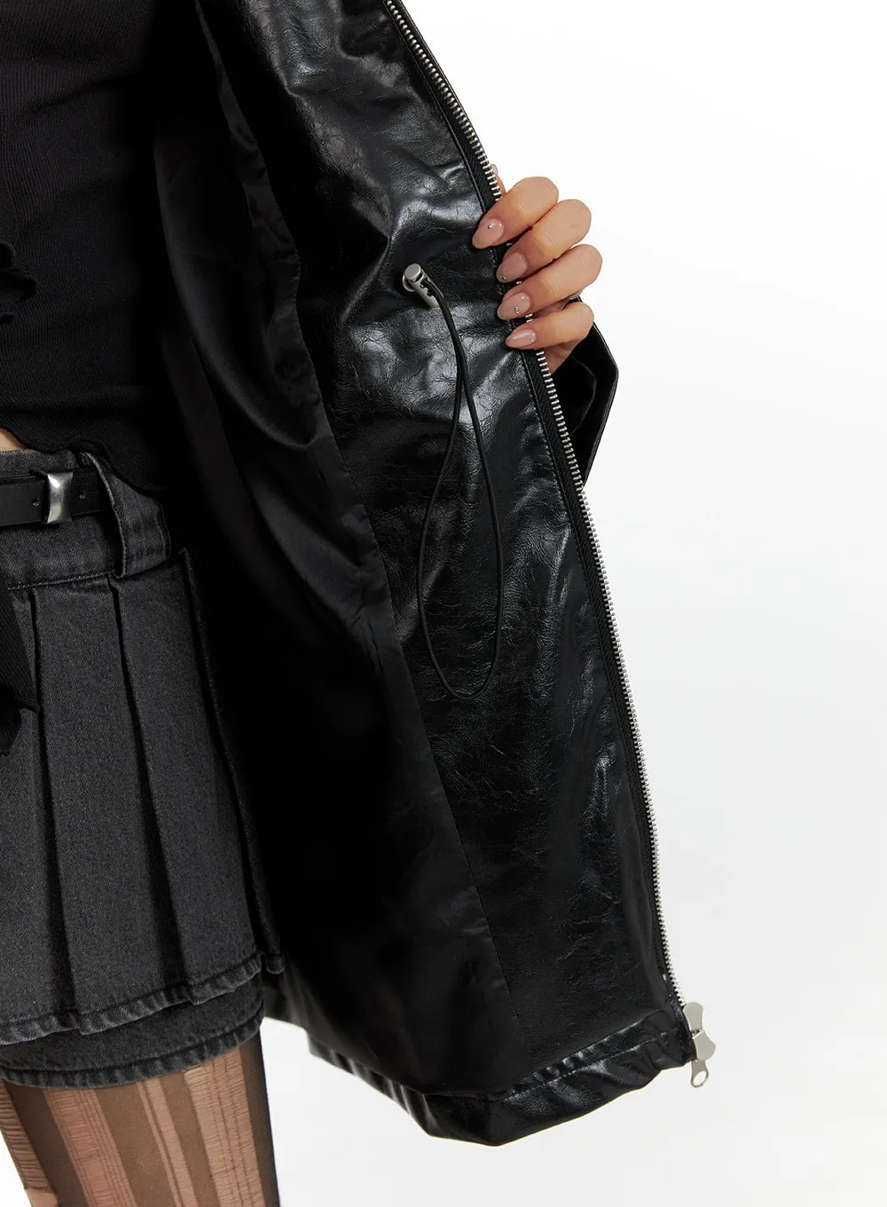 Zip-Up Faux Leather Midi Coat CF429 sold by Lewkin product image thumbnail 4