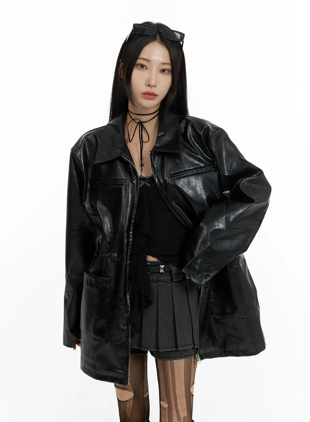 Zip-Up Faux Leather Midi Coat CF429 sold by Lewkin