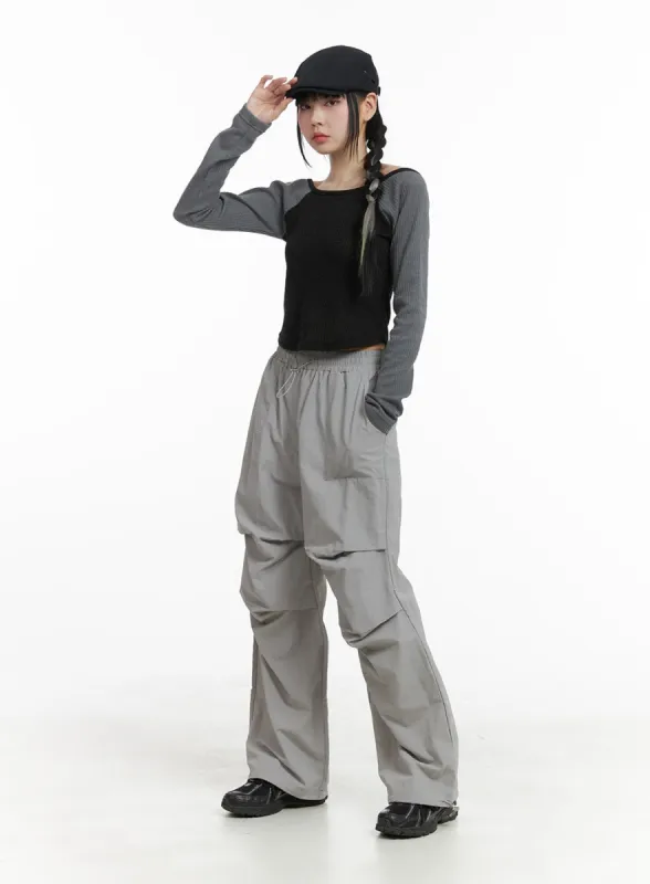 Banding Waist Nylon Wide Trousers OM426 sold by Lewkin