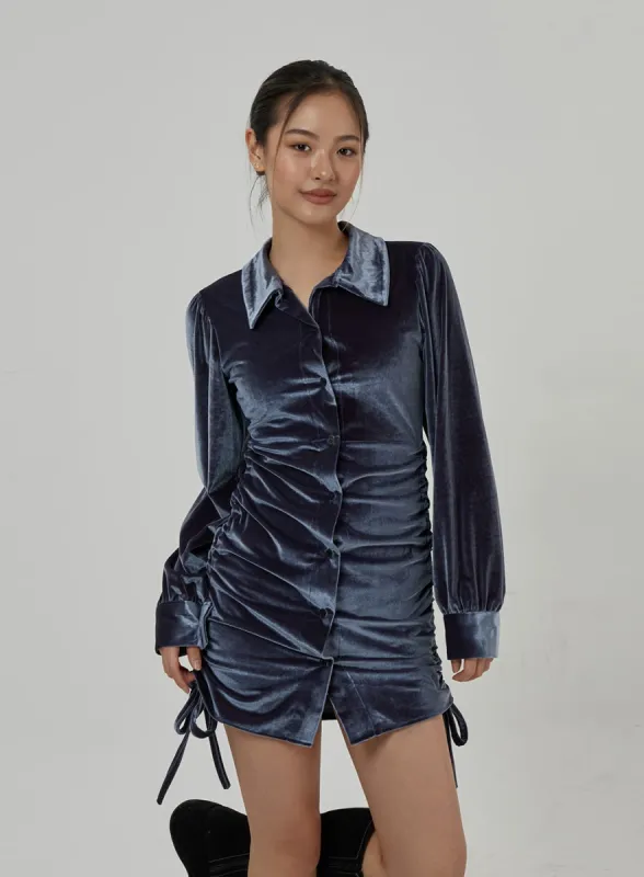 Side Tie Ruching Velvet Long Sleeve Mini Dress CD23 sold by Lewkin