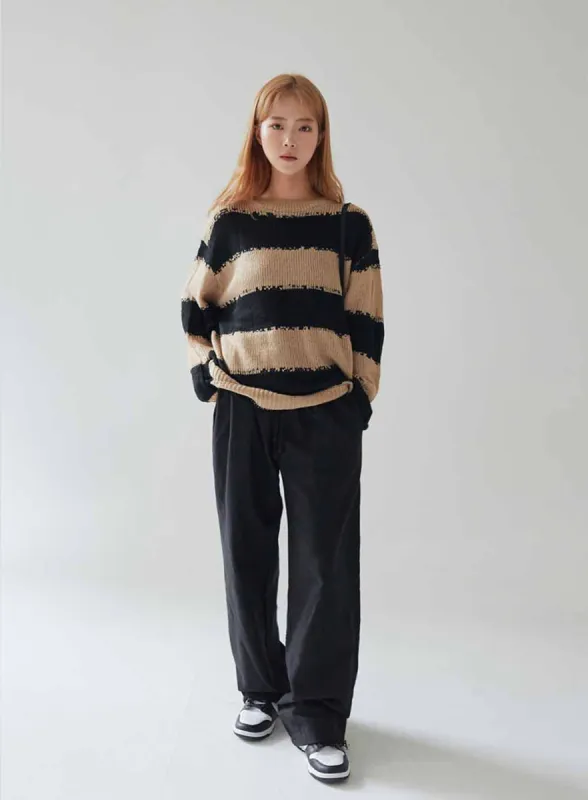 Stripped Distressed Knit Sweater F17 sold by Lewkin