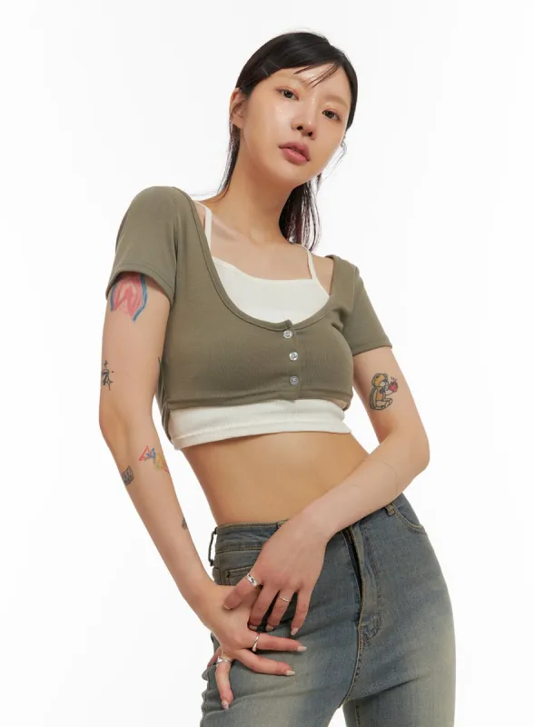 Buttoned U-Neck Crop Top IY410 sold by Lewkin