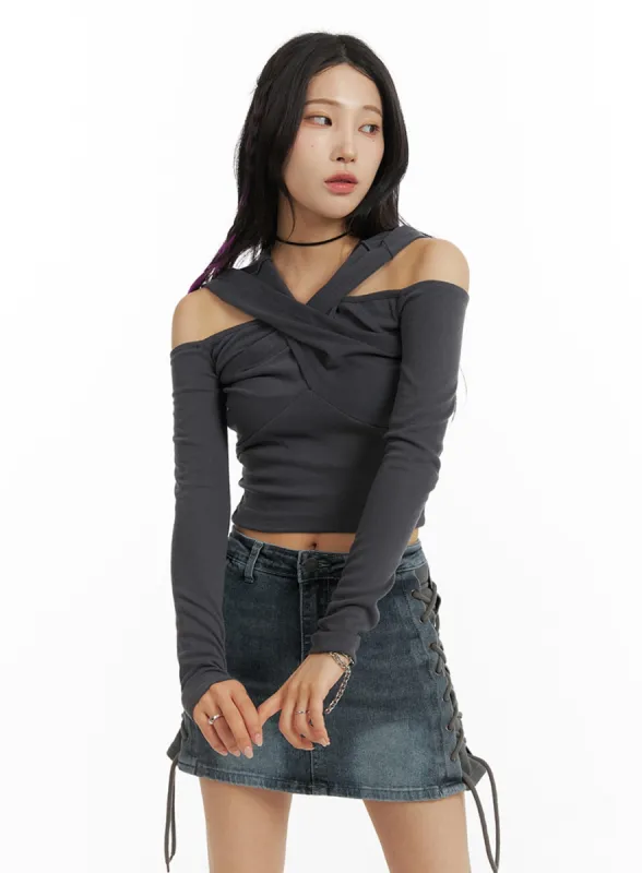 Twist Neck Hooded Crop Top IM405 sold by Lewkin