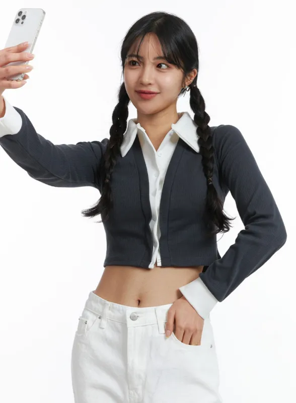 Buttoned Collar Crop Long Sleeve OJ429 sold by Lewkin