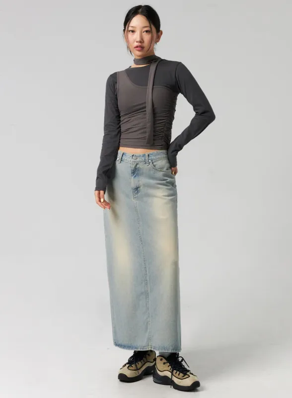 Washed Denim Maxi Skirt CG327 sold by Lewkin