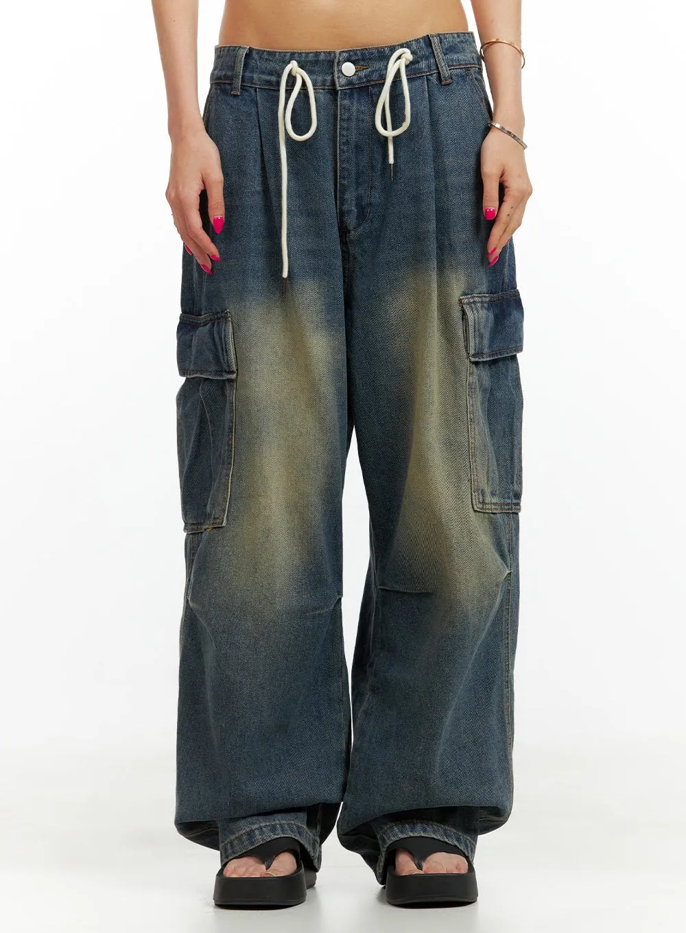 Drawstring Cargo Baggy Jeans CU417 sold by Lewkin
