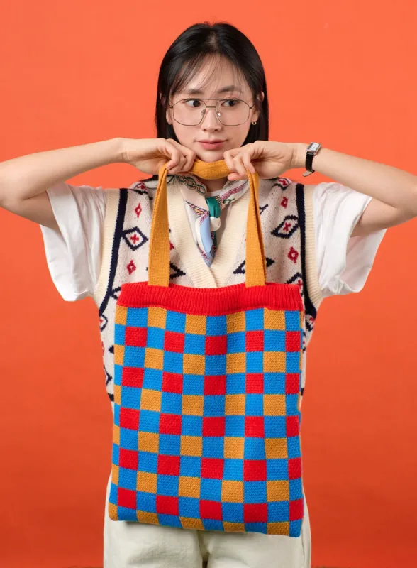 Checkered Embroidered Tote Bag OF405 sold by Lewkin