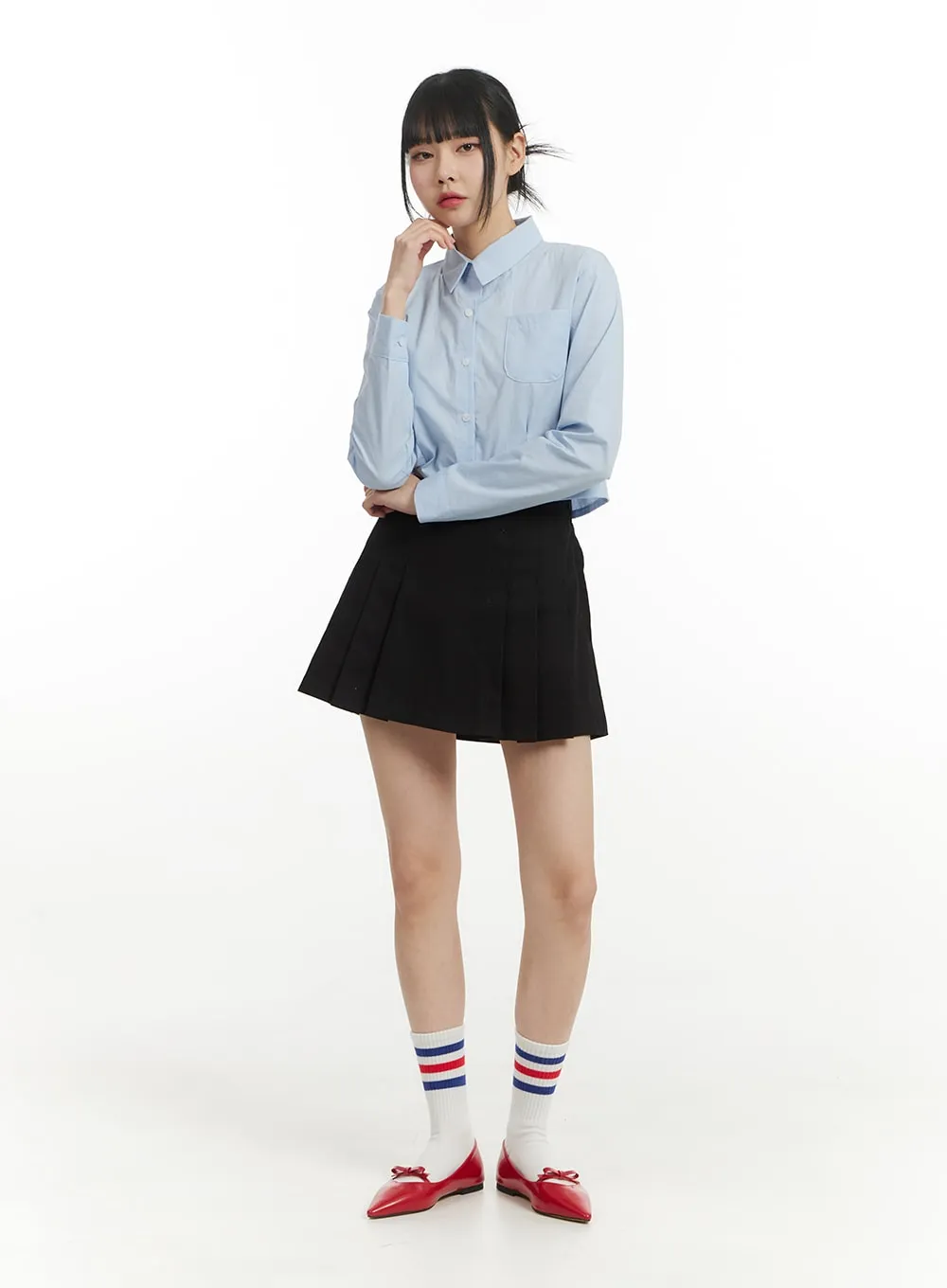 Solid Collar Cropped Long Sleeve Blouse IM406 sold by Lewkin product image thumbnail 2