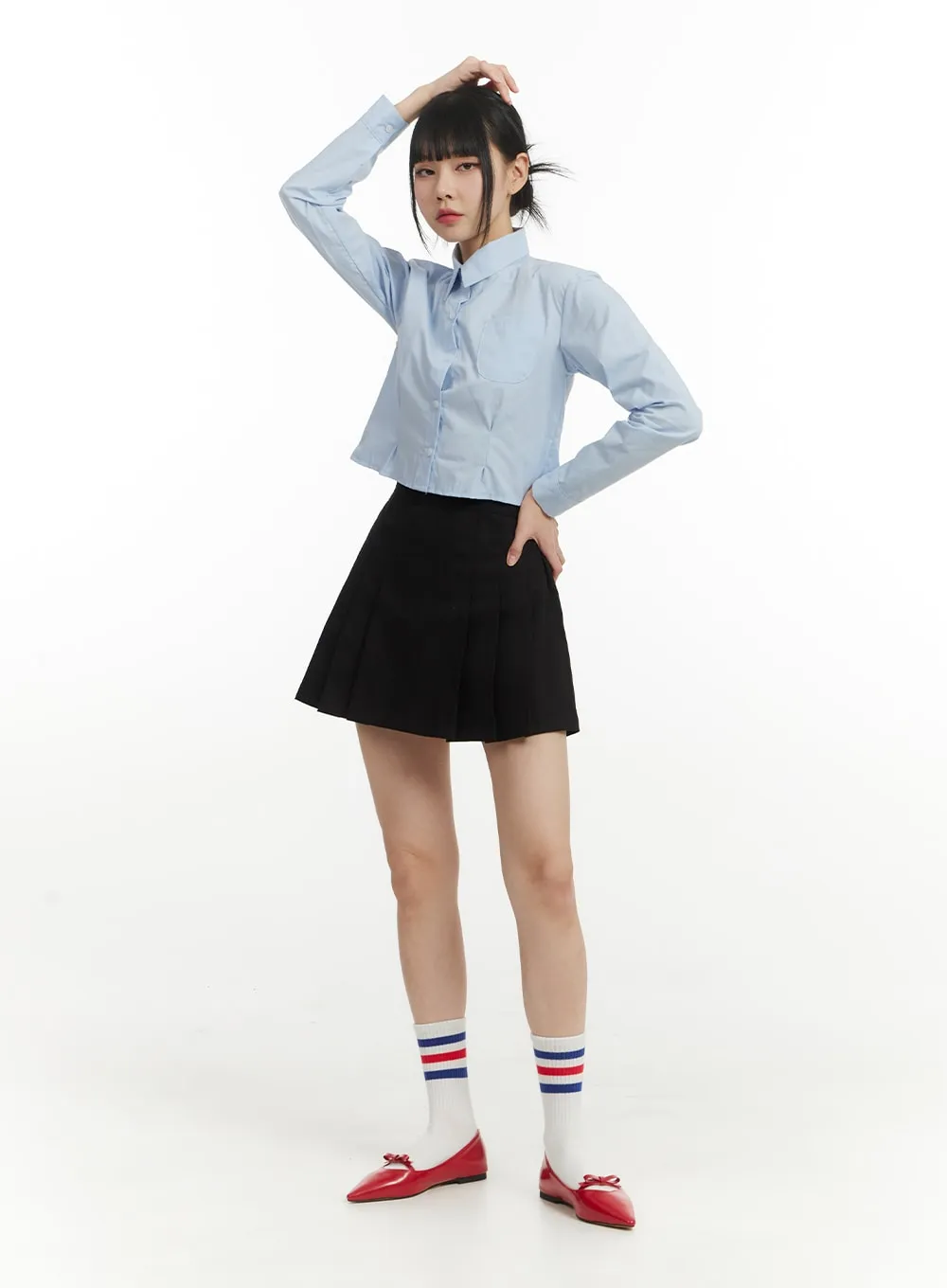 Solid Collar Cropped Long Sleeve Blouse IM406 sold by Lewkin product image thumbnail 5