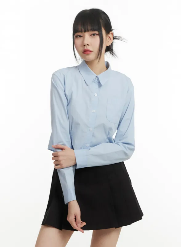 Solid Collar Cropped Long Sleeve Blouse IM406 sold by Lewkin