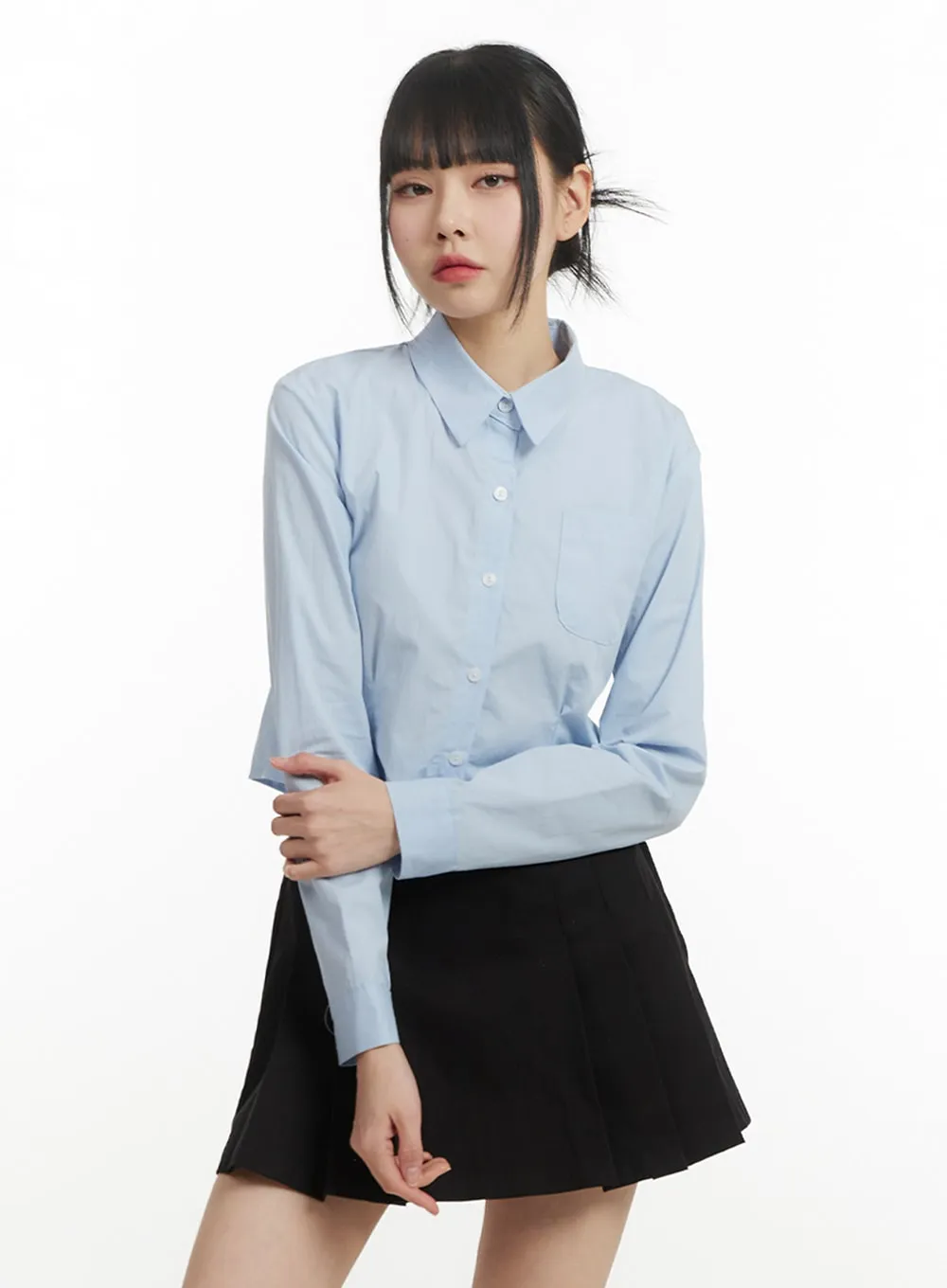Solid Collar Cropped Long Sleeve Blouse IM406 sold by Lewkin