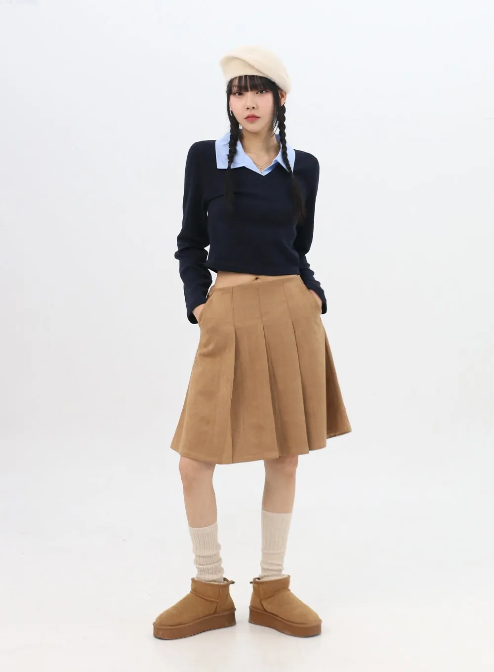 Suede Pleated Midi Skirt IN310 sold by Lewkin