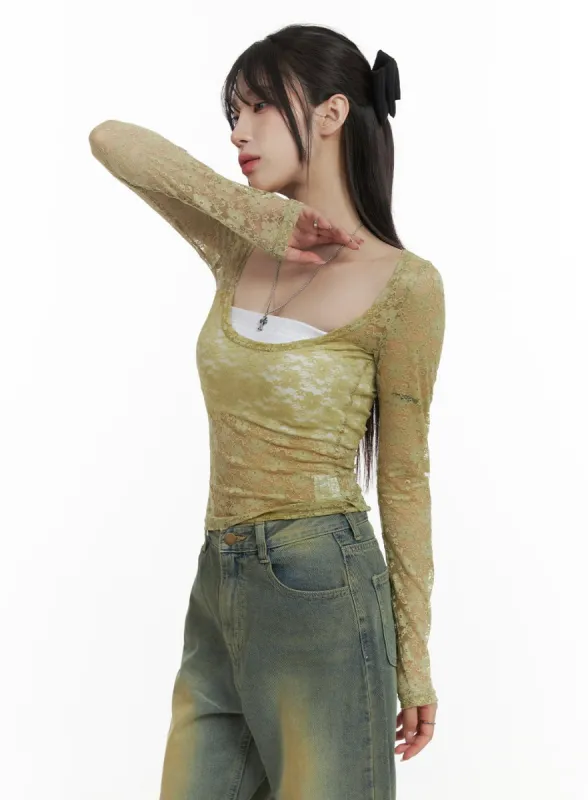 Lace Sheer U-Neck Long Sleeve Top OA425 sold by Lewkin