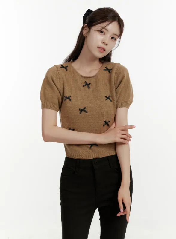 Ribbon Detail Puffer Shoulder Knit Top OY409 sold by Lewkin