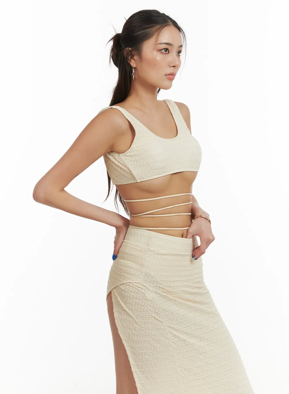 Textured Cross Back Bikini Set with Cover-Up Skirt OY408 sold by Lewkin product image thumbnail 5