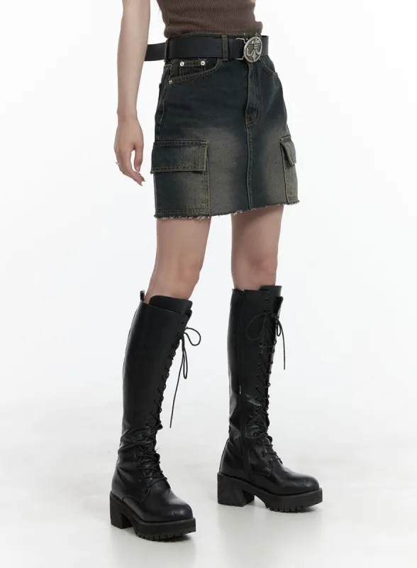 Destroyed Hem Cargo Denim Mini Skirt CA402 sold by Lewkin