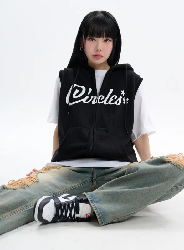Graphic Lettering Hoodie Vest Jacket IF413 sold by Lewkin