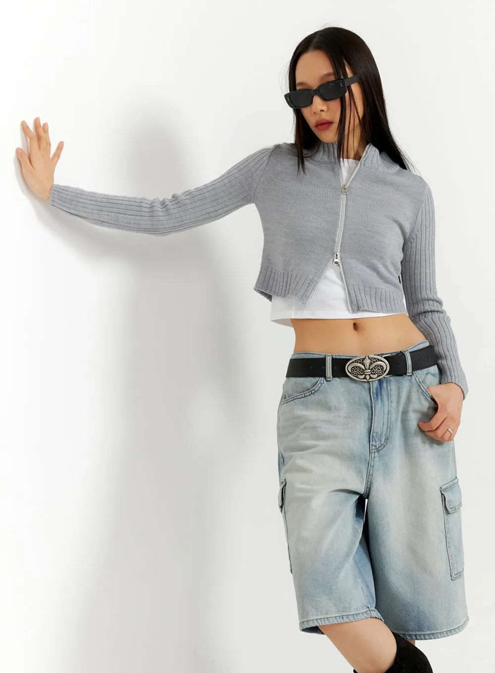Crop Zip-Up Mock Neck Sweater IA417 sold by Lewkin