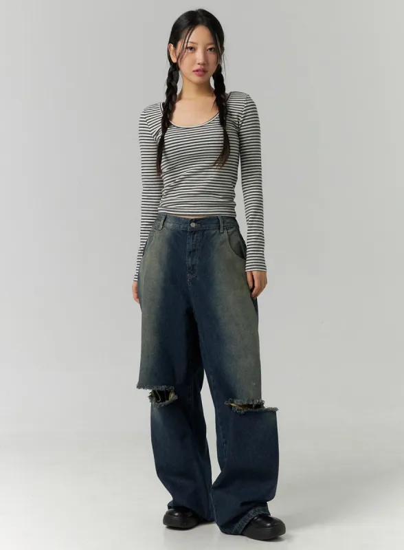 Destroyed Washed Wide Leg Jeans CN324 sold by Lewkin