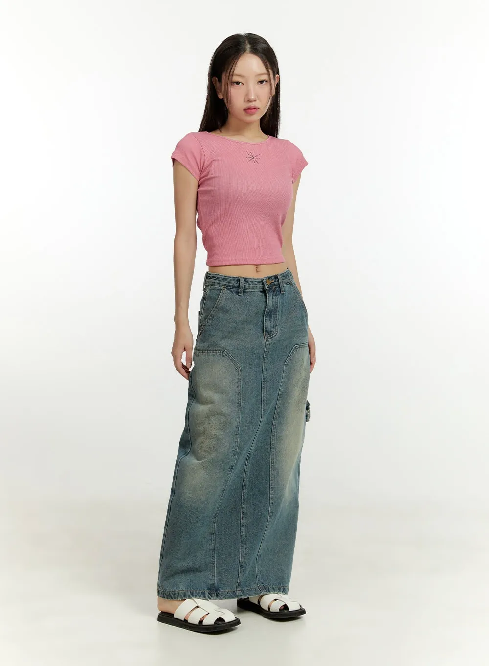 Stitched Detail Denim Maxi Skirt CU426 sold by Lewkin product image thumbnail 2