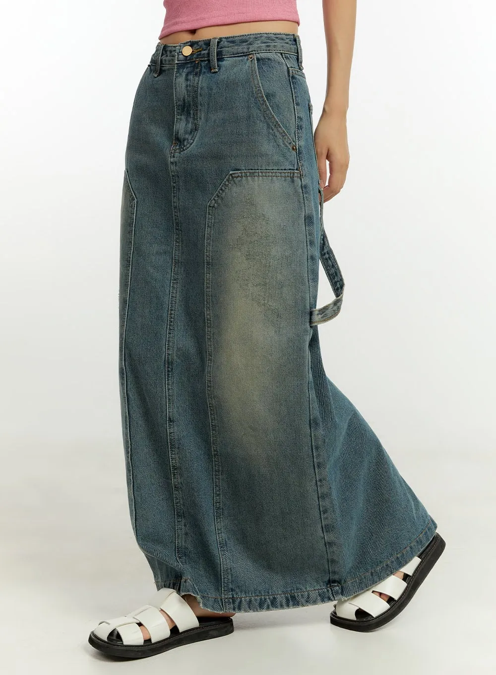 Stitched Detail Denim Maxi Skirt CU426 sold by Lewkin