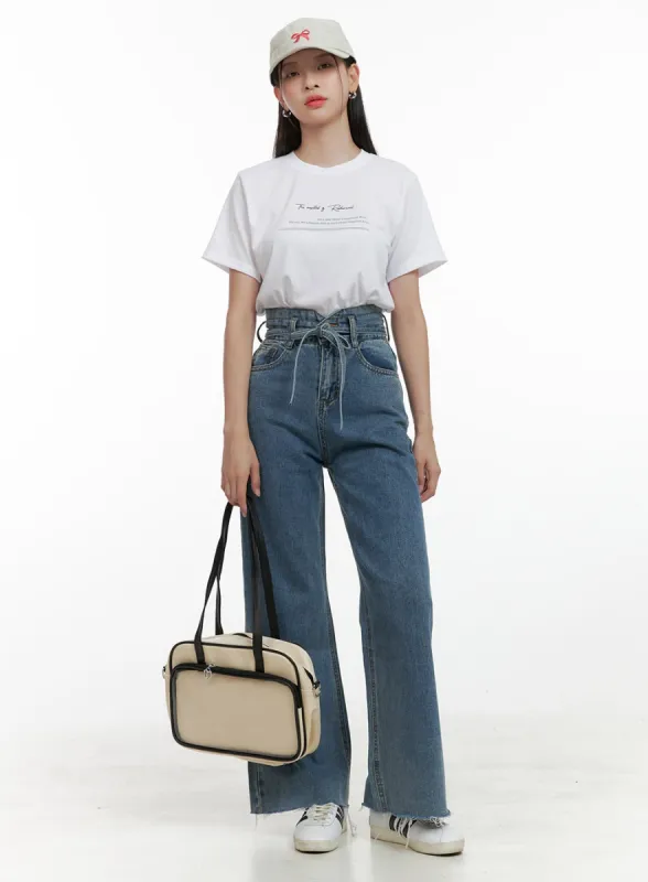 High Waist Belt Strap Denim Wide Leg Jeans OL411 sold by Lewkin