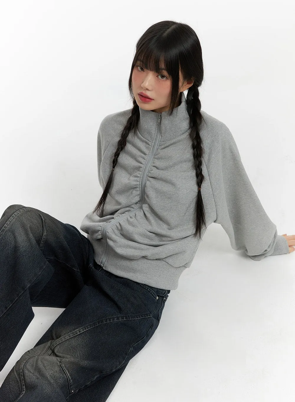 Shirred High Collar Sweat Zip-Up CF422 sold by Lewkin