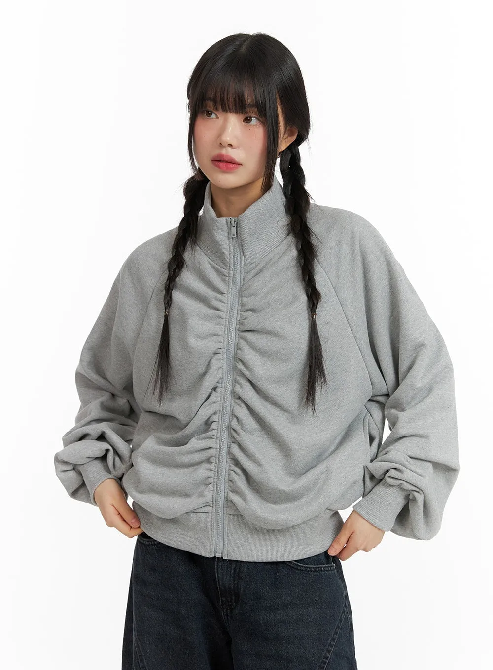Shirred High Collar Sweat Zip-Up CF422 sold by Lewkin product image thumbnail 3